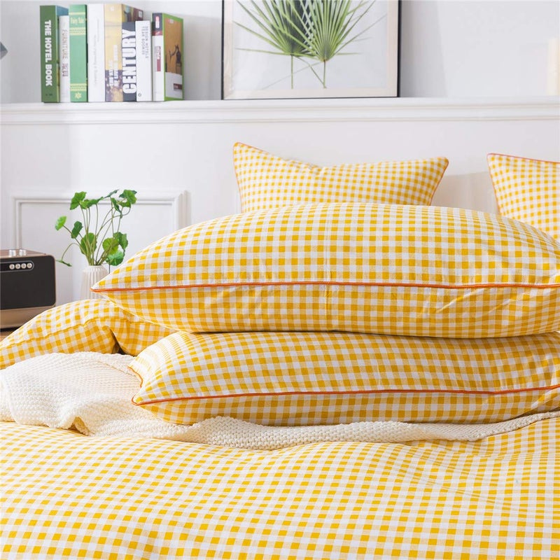 FADFAY Yellow Plaid Duvet Cover Set Queen 100% Cotton Ultra Soft Grid Bedding Reversible Gingham Geometric Checker Bedding Set with Zipper Closure 3Pcs, 1Duvet Cover + 2Pillowcases, Queen Size - Image 5